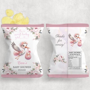 Girl Baby Shower Chip Bag, Editable Printable Stork Goody Bag Digital Template, Special Delivery Pink Floral Sprinkle Treat Bag SGBS1CB