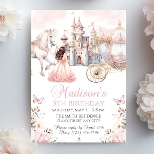 Princess Birthday Invitation Editable Printable Girl Invite Digital Template Pink Gold Fairy Tale Castle Party Brown Hair PPBRO1