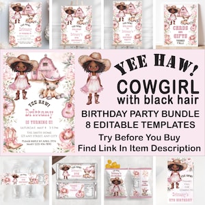 Cowgirl Birthday Bundle, Editable Printable Country Western Party Package Digital Templates, Wild West Rodeo Cute Black Hair Girl CGBLA1PB