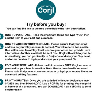 Peut inclure: Fond blanc avec du texte et des &eacute;tapes num&eacute;rot&eacute;es pour l'achat et la modification d'un mod&egrave;le. Le coin sup&eacute;rieur droit pr&eacute;sente un cercle turquoise avec le texte "EDIT WITH Corjl". Le texte comprend des instructions sur l'achat, l'acc&egrave;s, la modification et l'impression de l'article.