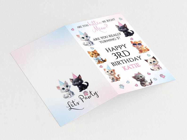 Kitten Birthday Card, Editable Printable Cat Bday Card Digital Template ...