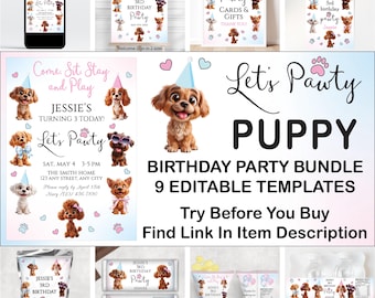 Op de afbeelding: Een verzameling sjablonen voor een puppy-thema verjaardagsfeestje. Het ontwerp bevat cartoonpuppy's, pootafdrukken en de tekst "Let's Pauty" en "Puppy Birthday Party Bundle". Inclusief uitnodigingen, borden en feestartikelen.