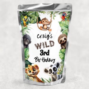 Può includere: Busta argentata con un design a tema giungla per un terzo compleanno. Il design presenta una scimmia su un'altalena, un bradipo, un lemure, un cucciolo di leone, un pappagallo e un gorilla, circondati da foglie tropicali. Il testo recita "Craig's WILD 3rd Birthday."