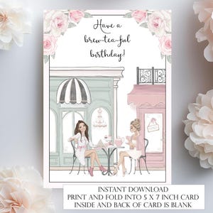 Biglietto di auguri di compleanno stampabile Biglietto di auguri per il tè pomeridiano Download immediato PDF Rosa floreale Buon compleanno Buon compleanno con tè caldo BCTEA2