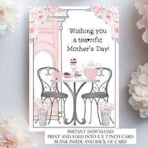 Afdrukbare Moederdagkaart, Afternoon Tea Moederdagkaart direct download pdf, roze bloemen Een fijne Moederdag gewenst MDCTEA3