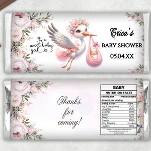 Mädchen-Babyparty-Schokoriegel-Verpackung Bearbeitbarer druckbarer Storch-Aufkleber-Digitale Vorlage Spezielle Lieferung Rosa Blumen Sprenkeln Favor SGBS1CBW