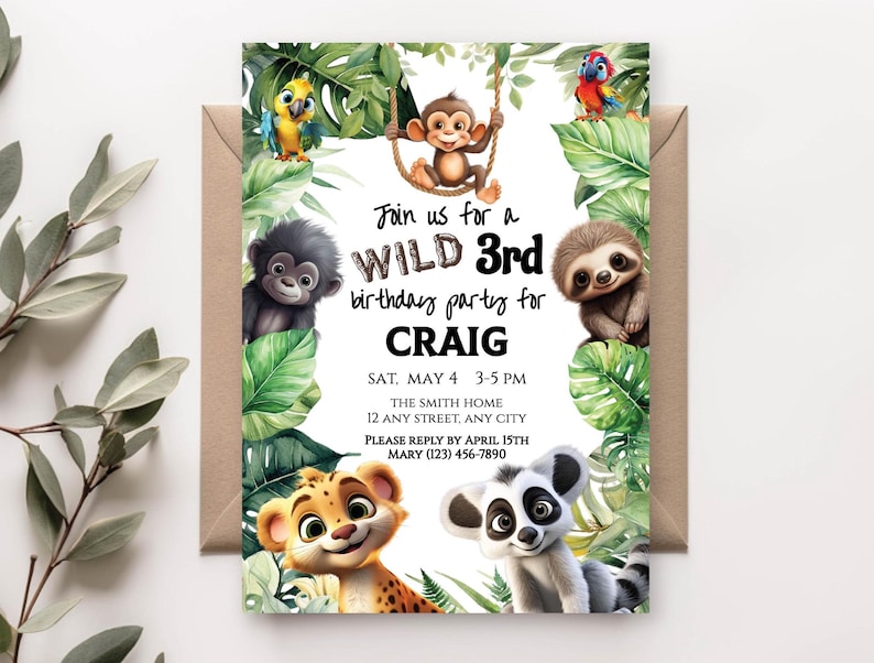 Rainforest Birthday Invitation, Editable Rainforest Animal Invite, Wild ...