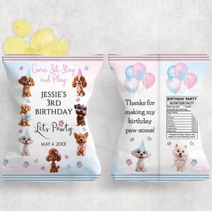 May include: A custom chip bag design for a dog-themed birthday party. The bag features illustrations of various dog breeds, balloons, and the text "Jessie's 3rd Birthday" and "Let's Pawty". The color scheme is pastel pink and blue.
