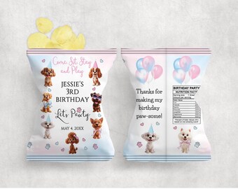 May include: A custom chip bag design for a dog-themed birthday party. The bag features illustrations of various dog breeds, balloons, and the text "Jessie's 3rd Birthday" and "Let's Pawty". The color scheme is pastel pink and blue.