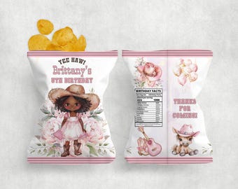Cowgirl Birthday Chip Bag, Editable Country Western Party Loot Bag, Wild West Favor, Rodeo Theme Favor, Cute Black Hair Girl Favor CGBLA1CB