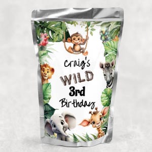 Può includere: Busta argentata con un design a tema giungla per un terzo compleanno. Il design include una scimmia su un'altalena, un leone, una zebra, un elefante, una giraffa, un pappagallo e il testo "Craig's WILD 3rd Birthday."