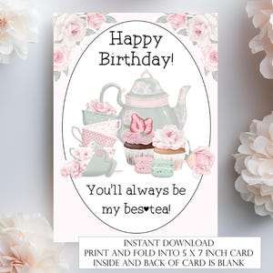 Druckbare Geburtstagskarte Nachmittagstee Geburtstagskarte Sofortiger Download PDF Rosa Blumen Bes-tea Happy Birthday BCTEA1