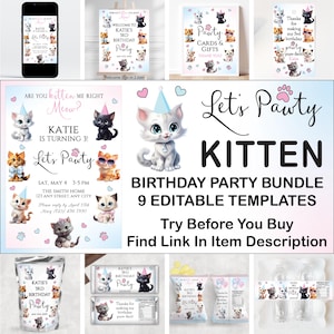 以下が含まれることがあります： 子猫をテーマにした誕生日のパーティー用品のコレクション。このバンドルには、子猫のイラストと「Let's Pawty」というテキストが描かれた招待状、カード、装飾品が含まれています。「Kitten Birthday Party Bundle」というテキストも表示されています。