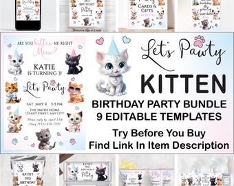 May include: A collection of kitten-themed birthday party supplies. The bundle includes invitations, cards, and decorations with various kitten illustrations and the text "Let's Pawty." The text "Kitten Birthday Party Bundle" is also visible.