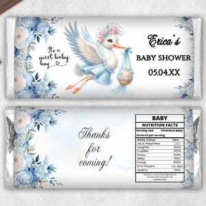 Junge Babyparty Schokoladenriegel Wrapper Bearbeitbare druckbare Storch Label Digitale Vorlage Spezielle Lieferung Blau Blumen Sprenkeln Favor SBBS1CBW