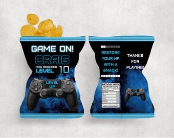 Video Game Birthday Chip Bag, Editable Printable Level Up Goody Bag Digital Template, Game On Treat Bag, Blue Gamer Party Favor BVG1CB