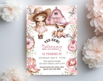 May include: Pink and white birthday invitation with a watercolor illustration of a girl wearing a cowboy hat and a horse. The text reads "Yee Haw! Brittany is turning 5!" with details about the party.