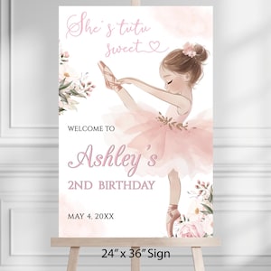 May include: A pink and white birthday sign featuring a ballerina illustration. The sign reads "She's tutu sweet" and "Welcome to Ashley's 2nd Birthday, May 4, 20XX." The sign measures 24" x 36".
