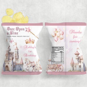 Once Upon a Time Birthday Chip Bag, Editable Printable Princess Goody Bag Digital Template, Pink Fairytale Castle Party Treat Bag PPOUAT1CB