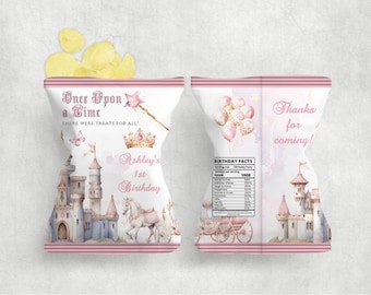 Once Upon a Time Birthday Chip Bag, Editable Printable Princess Goody Bag Digital Template, Pink Fairytale Castle Party Treat Bag PPOUAT1CB