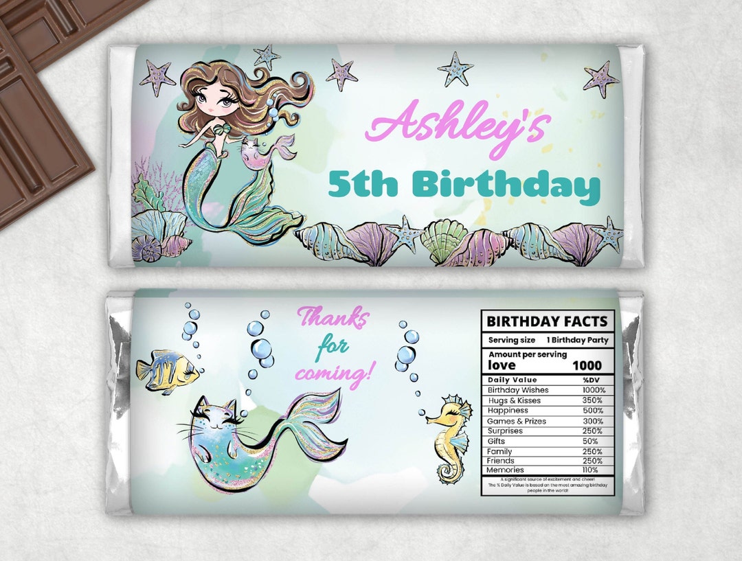 Mermaid Birthday Chocolate Bar Wrapper Editable Printable Girl Favor ...