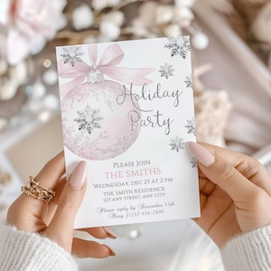 Christmas Invitation, Editable Pink Silver Coquette Holiday Party Invite, Soft Festive Celebration Invitation, Dinner Gathering Invite PSCI3