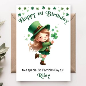 Carte d'anniversaire fille Saint-Patrick, modèle numérique modifiable imprimable Leprechaun Bday carte, carte de voeux irlandaise porte-bonheur vert SPDGBC1