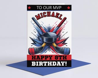 Hockey Birthday Card, Editable Printable Ice Hockey Bday Card Digital Template, Hockey Sticks Puck Greeting Card IHB1BC