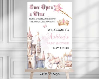 Puede incluir: Un letrero de baby shower con temática de cuento de hadas. El letrero presenta un castillo, un carruaje tirado por caballos y el texto "Once Upon a Time" y "Bienvenida al baby shower de Ashley". El letrero mide 61 cm x 91 cm.