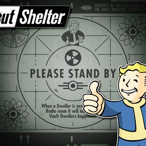 May include: A cartoon Vault Dweller from the Fallout Shelter mobile game gives a thumbs up in front of a retro television screen with the text "PLEASE STAND BY" and the Fallout Shelter logo.