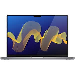 May include: A silver laptop computer with a blue screen displaying a yellow and orange abstract design.