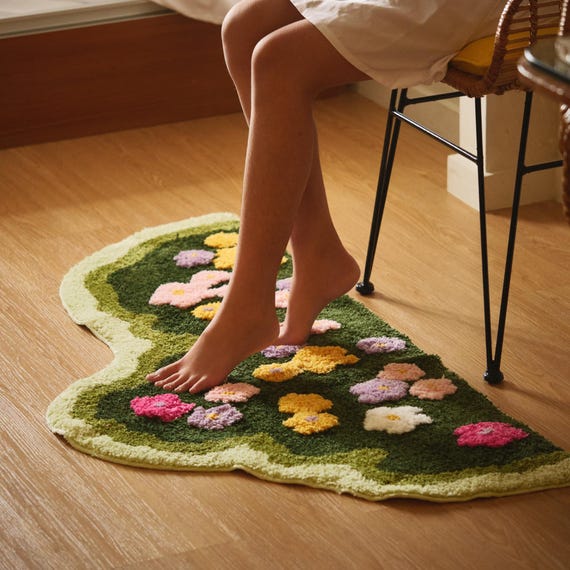 Green Flower Tufted Rug, Grass Bedroom Rug, Irregular Rug, Colorful Cute Rug, Cute Small Rug, Green Moss Rug, Nursery Rug, Apartment Decor