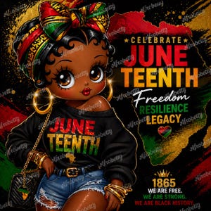 Könnte beinhalten: Illustration einer Cartoon-Frau mit Kopftuch und Creolen. Sie trägt ein schwarzes Sweatshirt mit "June Teenth" in Rot, Gelb und Grün. Der Hintergrund enthält den Text "Celebrate June Teenth" und "Freedom, Resilience, Legacy."