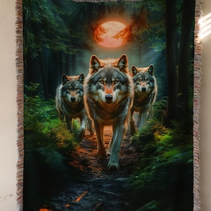 Silver Wolf Whimsigoth Woven Blanket Tapestry Mystical Forest Full Moon Tapestry Cozy Gothic Wolf Home Decor Nature Inspire Throw for Bed