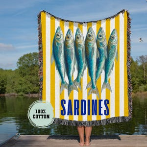 Woven Cotton Throw Sardine Blanket Woven Tapestry Coastal Style Home Decor Picnic Blanket Sardines Decore Aesthetic Fisherman Mother&#39;s Gift