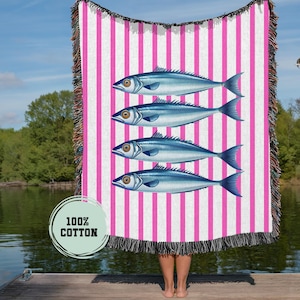 Woven Cotton Throw Sardine Blanket Woven Tapestry Coastal Style Home Decor Picnic Blanket Sardines Decore Aesthetic Fisherman Mother&#39;s Gift