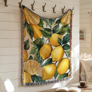 Lemon Themed Coastal Summer House Decor Lemon Print Woven Picnic Blanket Citrus Large Wall Art Decore For Summer House Grandma Garden Gift