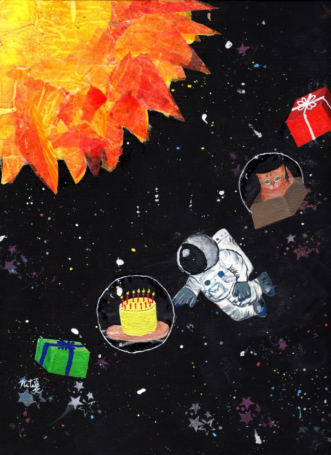 Birthday Cards Set of 4 Space Cat Art Cards Astro Cat | Etsy