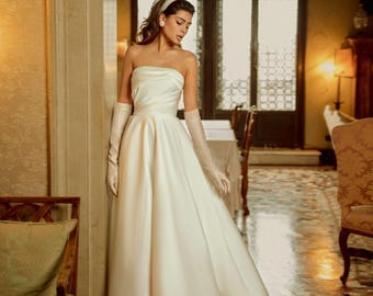 Classic A-line Wedding Dress | Off-shoulder Bridal Gown With Asymmetrical Skirt | Corset Wedding Gown With Long train
