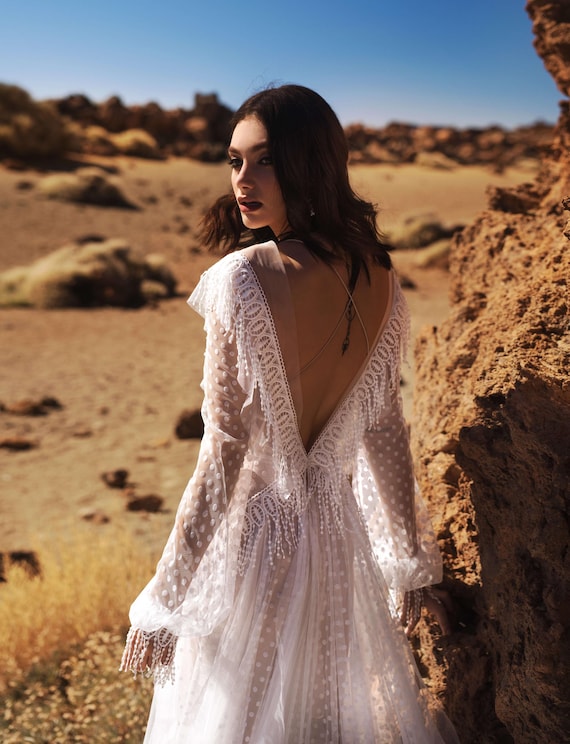 Boho Polka Dot Tulle Wedding Dress with Lace and Open Back | Romantic Sheer Long Sleeve Bridal Gown Vintage Style | Soft Tulle Wedding Gown Boho Polka Dot Tulle Wedding Dress with Lace and Open Back | Romantic Sheer Long Sleeve Bridal Gown Vintage Style | Soft Tulle Wedding Gown