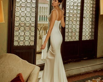 Minimalist satin slip wedding dress FEY | Vintage inspired bridal gown | Cowl neckline wedding dress | Spaghetti straps bridal dress