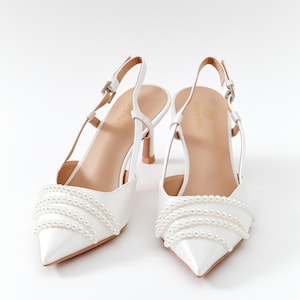 Pearl Embellished Bridal Heels – Ivory Pointed Toe Slingback Wedding Shoes, Mid Heel Elegant Pumps for Bride