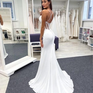Minimalist Wedding Dress NATALI | Simple Mermaid Ivory Corset Bridal Gown | Sexy Wedding Dress with Train | Beige Reception Dress