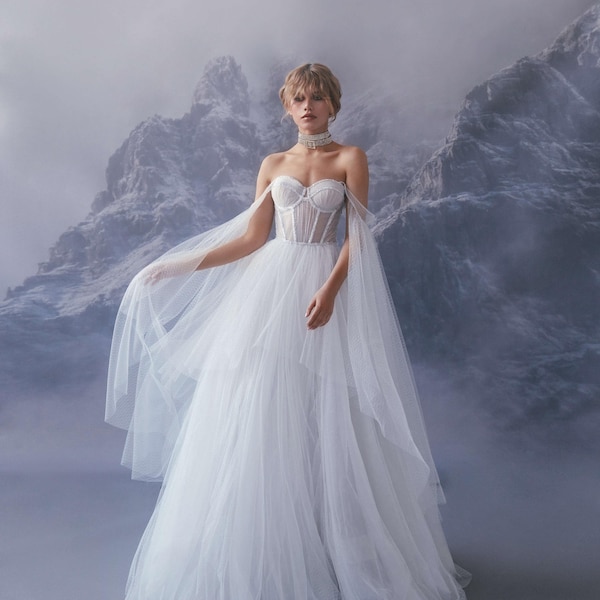 Vestido de novia de tul esponjoso ESTI | Vestido de novia princesa con mangas de tul desmontables | Vestido de novia con corsé y cola larga