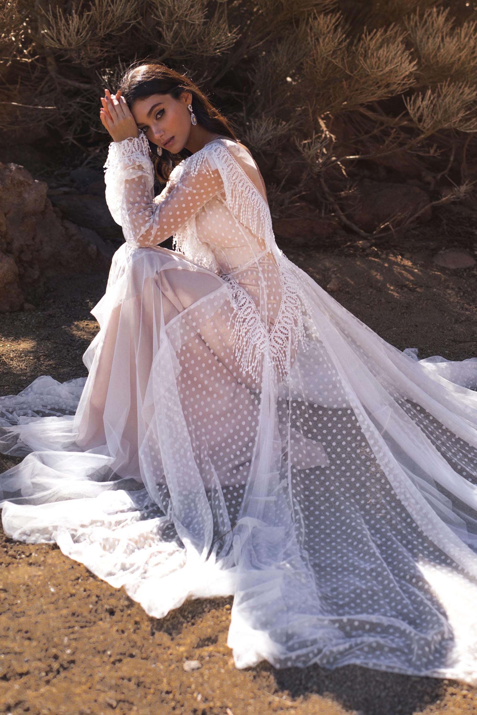 Boho Polka Dot Tulle Wedding Dress with Lace and Open Back | Romantic Sheer Long Sleeve Bridal Gown Vintage Style | Soft Tulle Wedding Gown