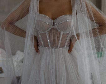 Sparkly Corset Wedding Dress with Cape Sleeves| Custom Made Tulle A-Line Bridal Gown| Fairy Boho Wedding Dress| Romantic Corset Bridal Dress