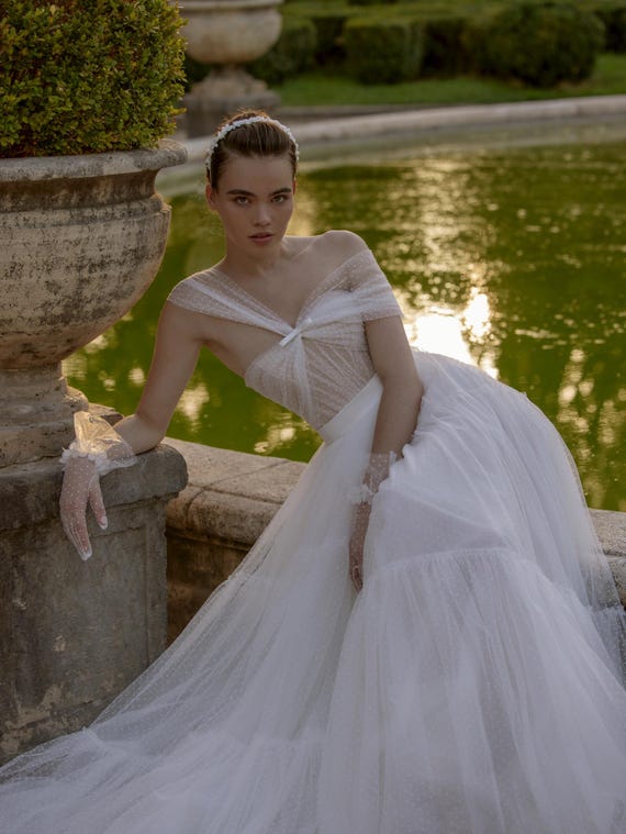 silver a line wedding dress Off-the-Shoulder Mikado A-Line Wedding Dress with Beaded Lace Bodice 6 main image 0