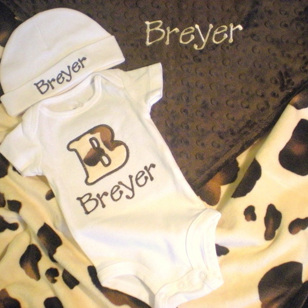 Baby Boy Gift Set - Personalized Onesie, Hat  and Minky Blanket - Pony