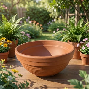 May include: A large, round, terracotta-coloured mixing bowl with a wide rim and horizontal ribbed detailing around the exterior base. The bowl features a smooth, matte finish and a deep, open interior, centred on a wooden surface.