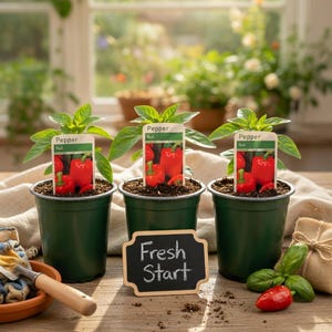 May include: Three pepper plants in green pots with labels reading "Pepper Red". A small chalkboard sign displays "Fresh Start". A small garden trowel and a red pepper are on the wooden table.